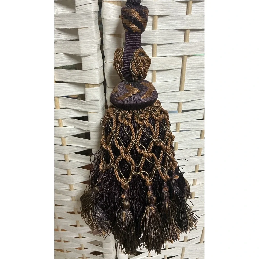 Pair Vintage French Style Drapery Tassel Tiebacks Purple Plum Bronze Netted 2pc